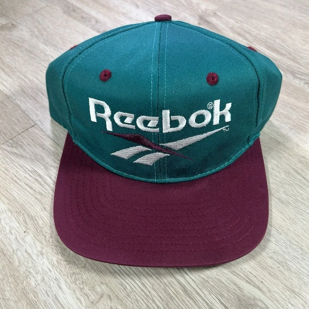 VTG 90s Reebok Snapback Hat Athletic Green Maroon Cap